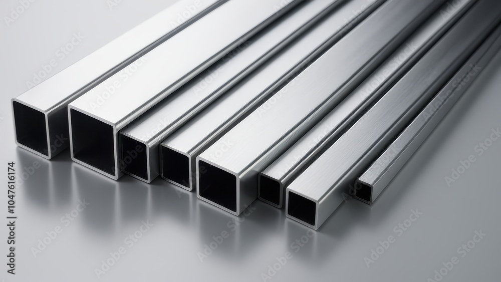 High-quality image of aluminum square tubing, ideal for construction, architecture, or industrial design visuals, showcasing the durable, sleek material. High-quality image of aluminum square tubing, ideal for construction, architecture, or industrial design visuals, showcasing the durable, sleek material.