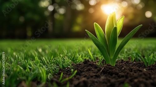 A fresh plant shoot emerges from rich dark soil, bathed in warm sunlight. The green leaves symbolize growth, renewal, and the beginning of new life. photo