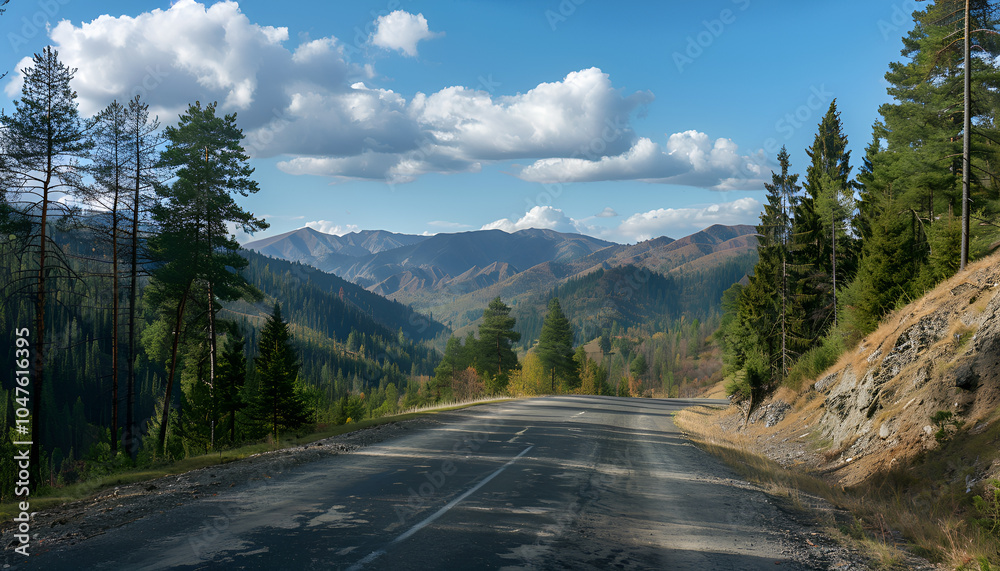 Beautiful view of asphalt road and conifer forest in mountains Beautiful view of asphalt road and conifer forest in mountains