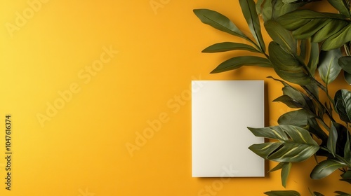 A blank notebook rests on a vibrant yellow background, adorned with lush green leaves, creating a refreshing and inviting scene of nature and creativity. photo