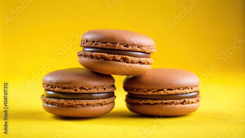 Sweet meringue based confection French macaron isolated on a yellow background photo