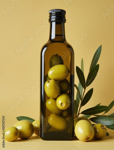 close up bottle organic olive oil olives