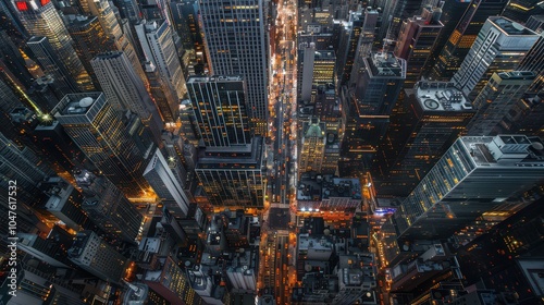 Aerial view of a bustling cityscape at night, with streets filled with car lights and skyscrapers illuminated against the dark sky 