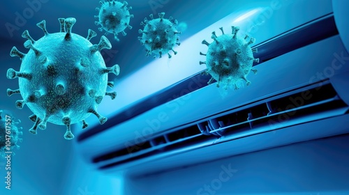 Air conditioner emitting fresh, purified air in a cozy living room, with harmful green bacteria visibly being cleared, representing healthy indoor air quality.