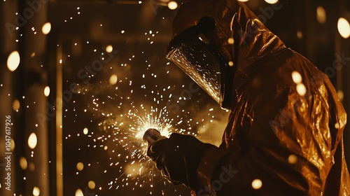 Worker in protective gear welding metal with sparks flying, creating an intense industrial atmosphere. photo