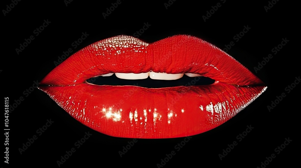 Bold red lips in glossy detail, ideal for a cosmetic advertisement, capturing the sensuality and power of a perfect lipstick application. Bold red lips in glossy detail, ideal for a cosmetic advertisement, capturing the sensuality and power of a perfect lipstick application.