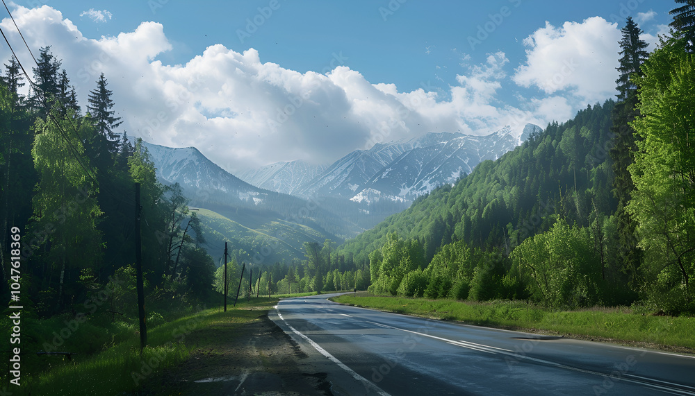 Beautiful view of asphalt road and conifer forest in mountains Beautiful view of asphalt road and conifer forest in mountains