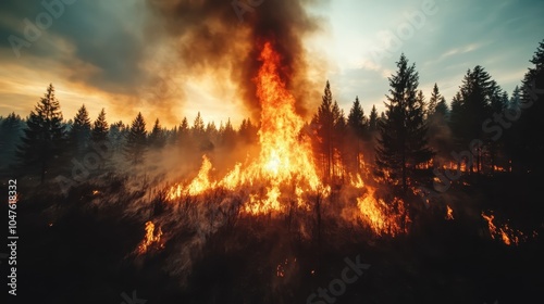 Intense flames and thick smoke consume a vast forest landscape, with towering infernos against the backdrop of a smoky sky, capturing the fiery essence of a wildfire. photo