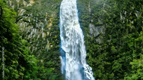 Take breathtaking vertical video Shannon Falls waterfall located Squamish just north Vancouver beautifully captured 4K UHD format park falling power majestic  photo