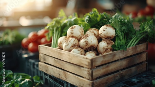 A rustic wooden box containing freshly dug celery roots with dirt still clinging, arranged amid a backdrop of ripe tomatoes at an open-air market scene. photo