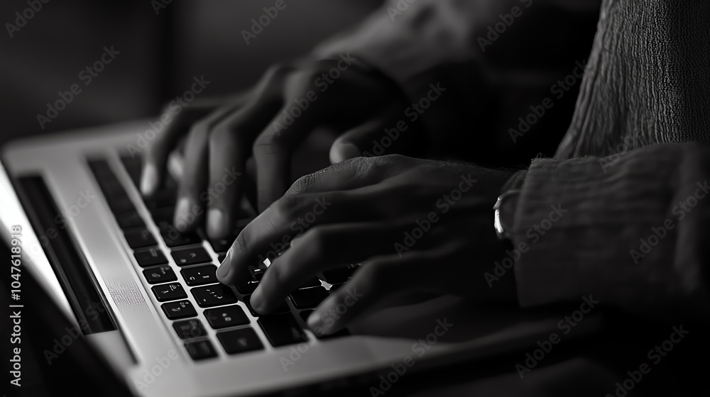 Close-up of hands typing on a laptop keyboard in low light setting. Close-up of hands typing on a laptop keyboard in low light setting.