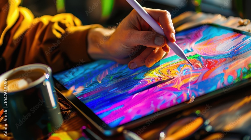 Obraz premium Close-up of a person sketching on a tablet using a stylus, with bright, colorful digital artwork in progress and a cup of coffee beside the device