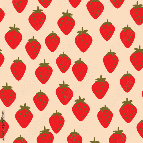 Seamless pattern with strawberry on color background. Natural delicious fresh ripe tasty fruit. Vector illustration for print, fabric, textile, banner, other design. Food concept.