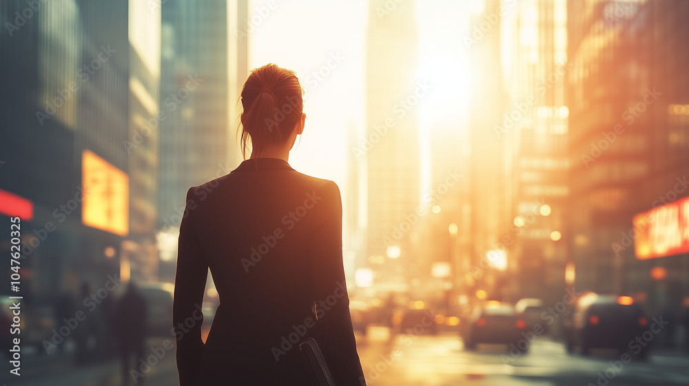 Businesswoman Standing in a Sunlit City Street at Sunset Businesswoman Standing in a Sunlit City Street at Sunset