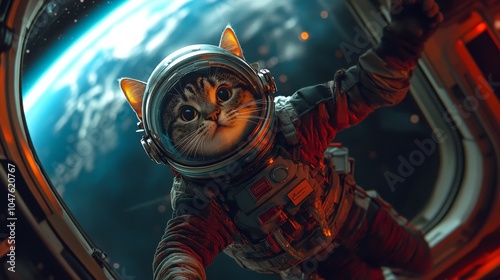 Fototapeta Naklejka Na Ścianę i Meble -  A cat wearing a tiny astronaut helmet, floating weightlessly inside a space station with Earth visible through a window in the background