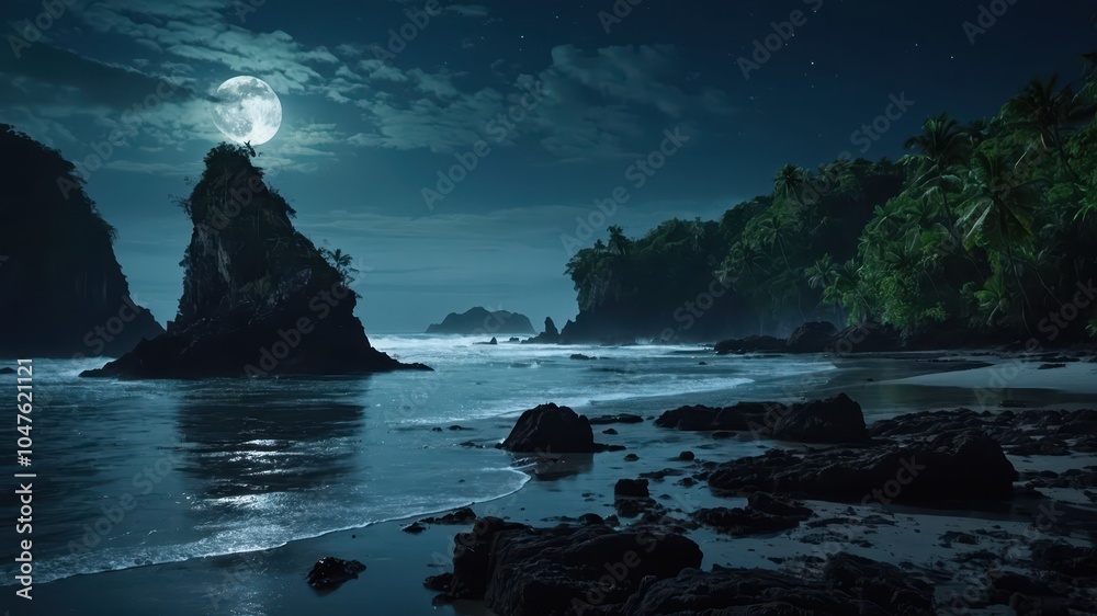 Fototapeta premium island, rocks, jungle, night, moonlight, beach, shipwrecks