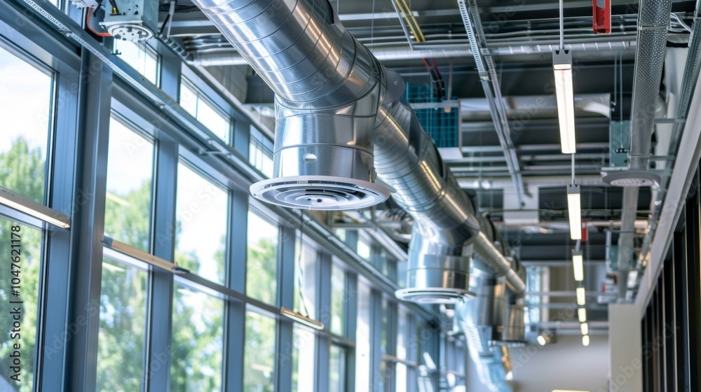 Naklejka premium A modern energyefficient HVAC system being installed in a new building designed to reduce energy consumption and emissions.