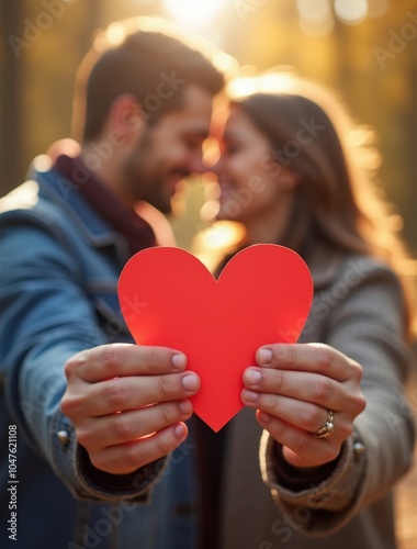 enamored couple holding paper hearts