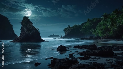 island, rocks, jungle, night, moonlight, beach, shipwrecks