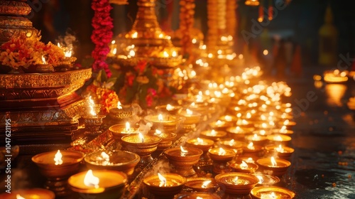 An elaborate display of traditional lamps and candles lit during a festival at the temple.