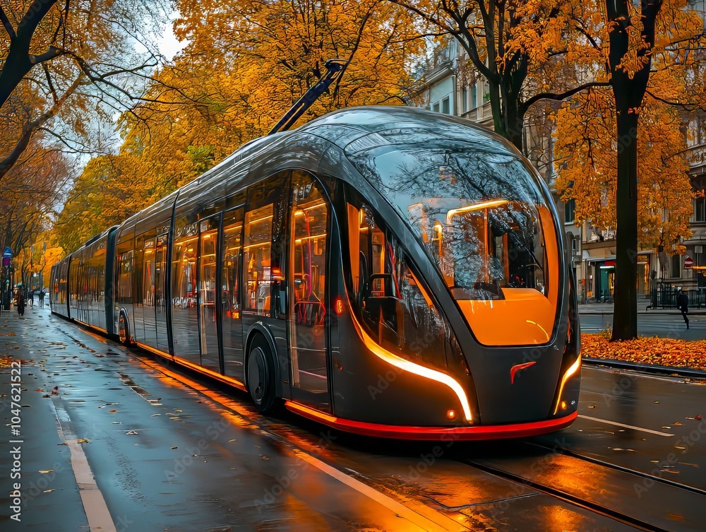 Obraz premium A modern tram on a city street in the fall