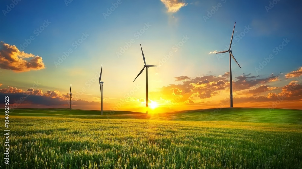 Obraz premium A group of wind turbines on a grassy hill, illuminated by a colorful sunset sky, renewable energy and sustainability concepts