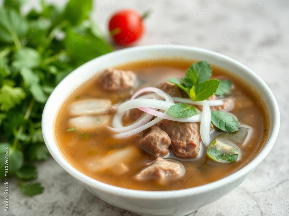 A bowl of soup with meat and onions A bowl of soup with meat and onions
