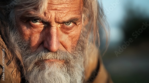 An image depicting a senior man with a long beard and flowing hair, eyes full of mystery, presenting a compelling and enigmatic vibe in a tranquil outdoor setting. photo