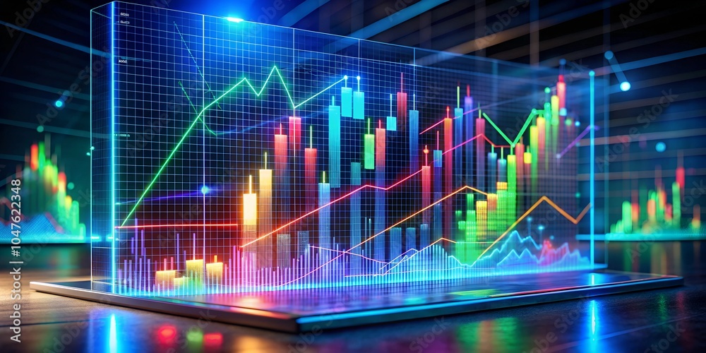 A holographic display of a trading graph that morphs in real-time, showcasing market fluctuations. A holographic display of a trading graph that morphs in real-time, showcasing market fluctuations.