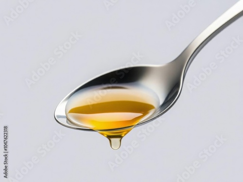 A spoonful of oil drips down the side of a spoon.