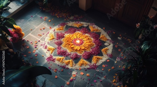 An intricate rangoli design at the entrance of a home, adorned with petals and vibrant colors for Lakshmi Pooja. photo