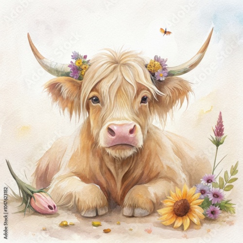 Highland cow with flowers in whimsical watercolor style photo