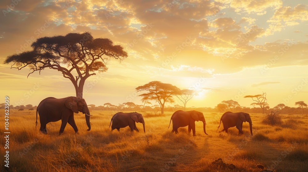 Obraz premium A serene group of elephants walks gracefully across the savanna, basking in the warm glow of a breathtaking African sunset. Generative AI