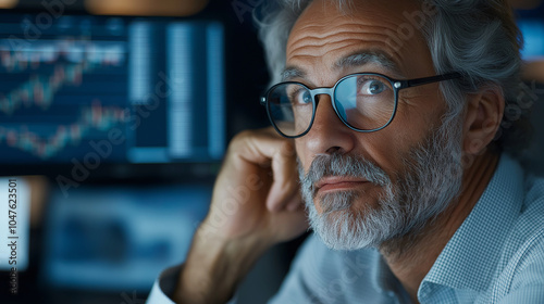 A close-up of a stockbroker looking disinterested as he scrolls through stock data on his computer. The trading floor behind him is filled with activity, but he appears completely