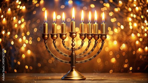 Lit Hanukkah menorah against glowing bokeh background photo