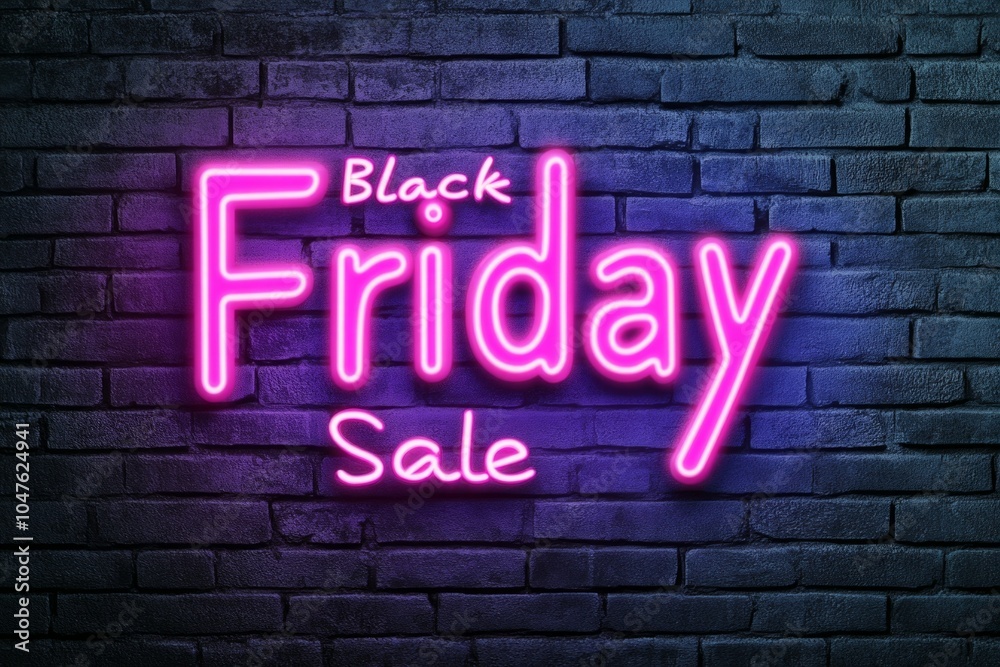 Fototapeta premium Vibrant neon Black Friday Sale sign glowing in pink and purple against a dark brick wall setting