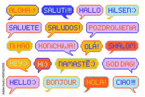 Pixel Art International Greeting Speech Bubble Set