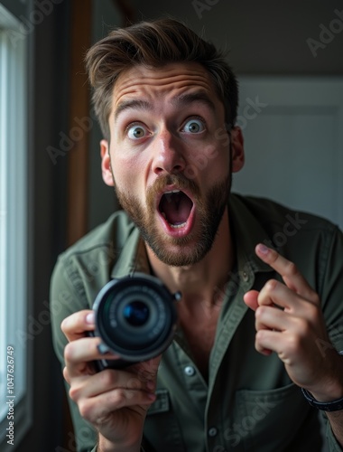 portrait surprised male electrician looking camera with mouth open