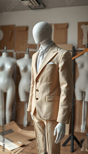 Mannequin in bespoke tailor studio against cardboard sewing patterns isolated with white highlights, png