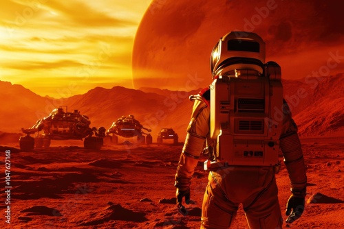 An astronaut stands on the surface of Mars at sunset, surveying the rugged terrain while futuristic vehicles traverse the landscape. Generative AI photo