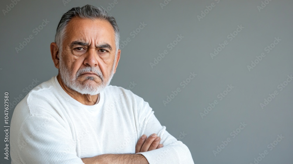 intense angry senior latinx man against grey background, banner with copy space. hard feelings, personal conflict, emotional tension, psychological reaction. intense angry senior latinx man against grey background, banner with copy space. hard feelings, personal conflict, emotional tension, psychological reaction.
