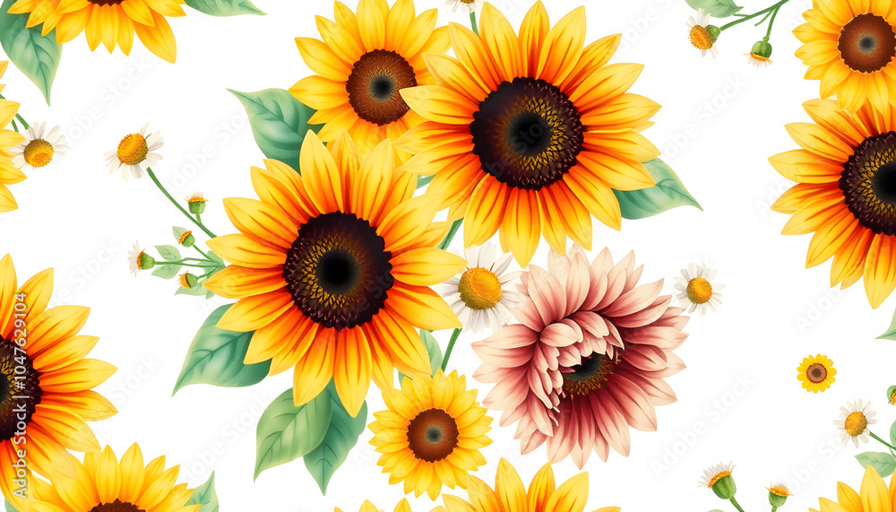 Fototapeta premium Watercolor painting summer pattern with sunflowers and camomile flowers on a white background isolated with white highlights, png