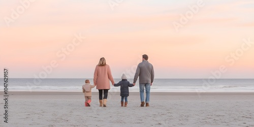Fototapeta Naklejka Na Ścianę i Meble -  Family walking on winter beach at pastel sunset. Coastal lifestyle photography. Tender family moment