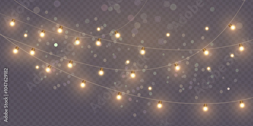 Christmas lights isolated on transparent background. Set of golden Christmas glowing garlands with sparks. For congratulations, invitations and advertising design. Vector