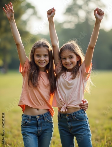 young girlfriends with arms raised