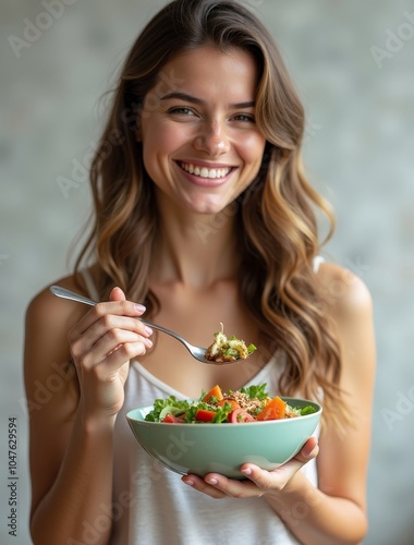 young woman with fork bowl salad