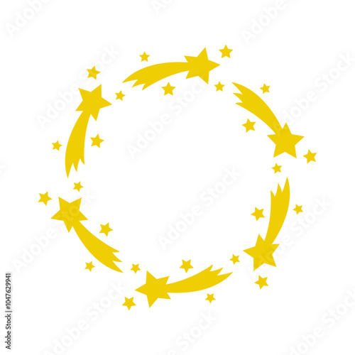 Tiempo de Navidad. Logo con corona navideña circular con silueta de estrella navideña de Belén con estrellas para tarjetas y felicitaciones 
