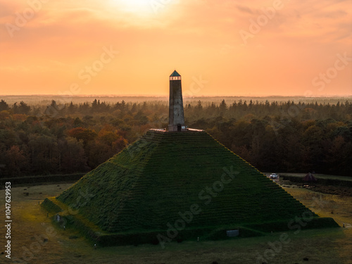 Autumn sunset aerial view of the pyramid of Austerlitz, The Netherland, Utrechtse Heuvelrug photo