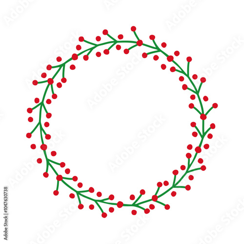 Tiempo de Navidad. Logo con corona navideña circular de ramas y bayas de muérdago o acebo para tarjetas y felicitaciones