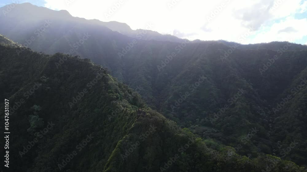 Mountain top views in Oahu. Dirt trail on ridgeline looking back down the valley towards the start of the Moanalua Valley Trail Mountain top views in Oahu. Dirt trail on ridgeline looking back down the valley towards the start of the Moanalua Valley Trail